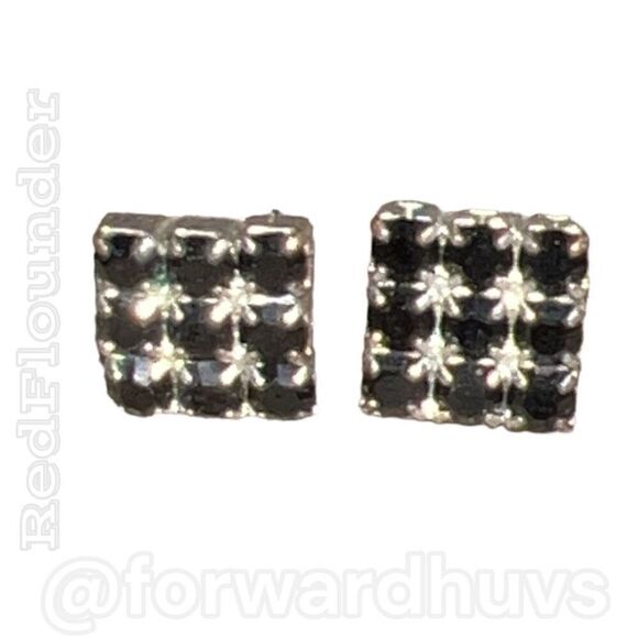 Silver Tone Square Earrings with Dark Blue & Clear Rhinestone - Picture 1 of 9